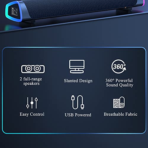 SOULION R30 Computer Speakers, USB Powered 3.5mm AUX Small PC Speakers, Colorful LED Lights with Switch Button, Surround Sound Portable Computer Sound Bar Speaker for Desktop Laptop Gray