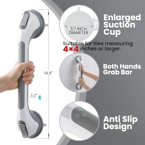 TAILI Shower Grab Bar 16 Inch Suction Cup Grab Bars for Bathroom & Shower, Removable Shower Safety Handle Heavy Duty Bathtub Grip for Seniors & Elderly, Strong Handrails No Drilling Waterproof, Grey