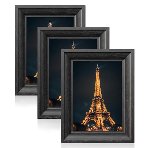 SONGMICS 5x7 Picture Frames with 6 Mats for Wall, Set of 3, Collage Photo Frames for 5x7, 4x6, 3.5x5 Pictures, Hanging or Table Display, Glass Front, 5 Non-Trace Nails, Ash Black URPF045B01