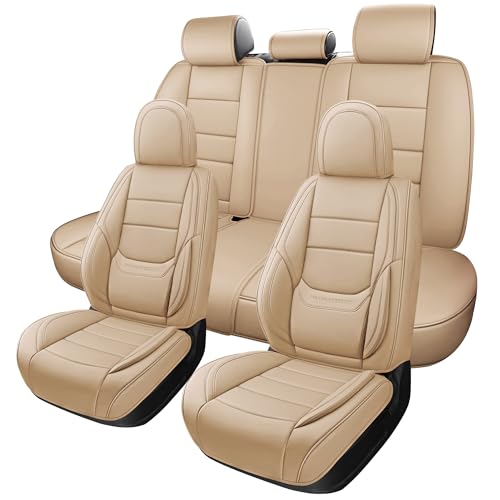 NS YOLO Full Coverage Car Seat Covers Universal Fit for Cars SUVs Pick-up Trucks with Waterproof Leatherette in Automotive Vehicle Interior Accessories (Beige, Front Pair(2 pcs))