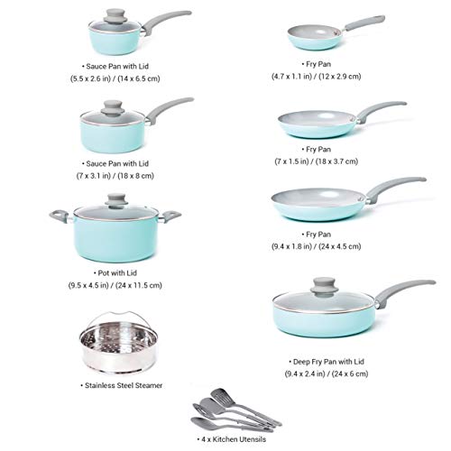 Mueller 16-Piece Non-Stick Stone Cookware Set with Steamer and Glass Lids, Turquoise