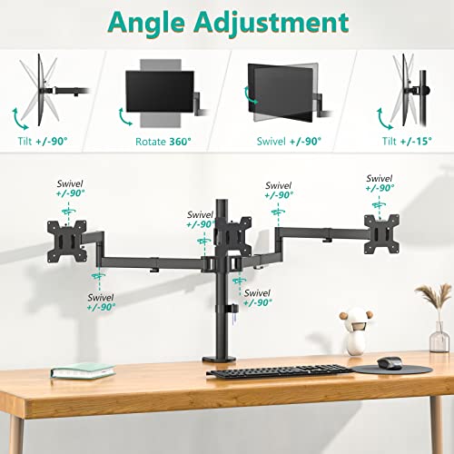 WALI Triple LCD Monitor Desk Mount Fully Adjustable Horizontal Stand Fits 3 Screens up to 27 inch, 22 lbs. Weight Capacity per Arm (M003S), Black