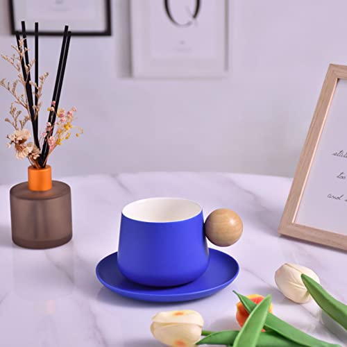 Koythin Ceramic Coffee Mug with Saucer Set, Cute Creative Cup with Round Wooden Handle Design for Office and Home, 10 oz/300 ml for Latte Tea Milk (Bright Blue)