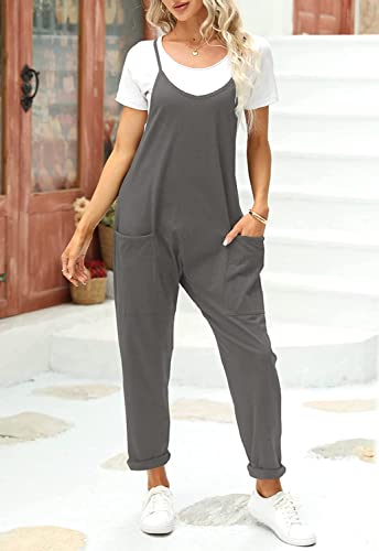Fisoew Women's Summer Sleeveless Loose Casual V Neck Jumpsuits Spaghetti Strap Long Pants Baggy Overalls with Pockets