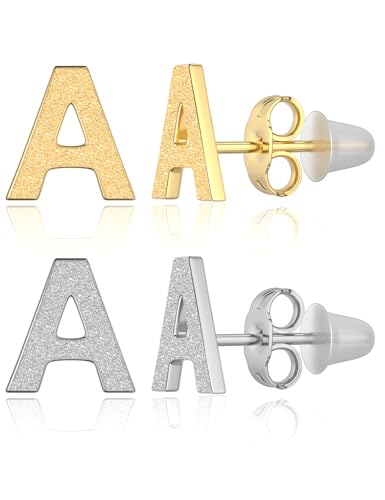 2 Pairs Stud Earrings for Women Initial Surgical Steel Earrings Set 316L Hypoallergenic Gold Plated Earrings W Letter Earring (Gold Color+Silver Color)