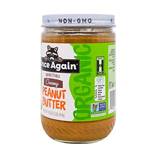 Once Again Organic Creamy Peanut Butter, 16oz - Salt Free, Unsweetened - USDA Organic, Gluten Free Certified, Vegan, Kosher - Glass Jar