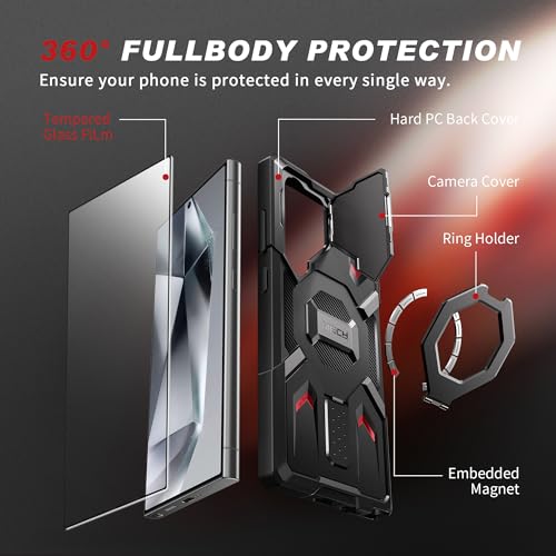 TONGATE for Samsung Galaxy S24 Ultra Case Compatible with MagSafe, [Ring Stand & Camera Cover Kickstand] Drop Shockproof Rugged Protection Phone Case for S24 Ultra with Screen Protector 6.8", Black
