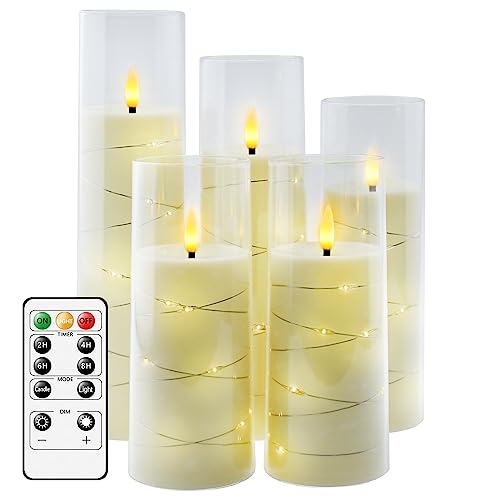 kakoya Flameless LED Candles with Timer 5 Pc Flickering Flameless Candles for Romantic Ambiance and Home Decoration Stable Acrylic Shell,with Embedded Star String，Battery Operated Candles（Orange）