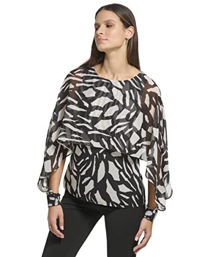 DKNY Women's Long Caped Sleeve Blouse, Black Multi, XS