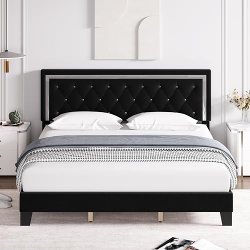HITHOS King Bed Frame, Upholstered Platform Bed Frame with Modern Adjustable Headboard, Diamond Tufted Mattress Foundation with Wooden Slat Support, No Box Spring Needed, Easy Assembly (King, Black)