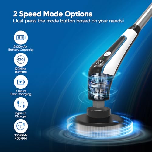 Electric Spin Scrubber, IPX8 Cordless Cleaning Brush, Bathroom Scrubber Electric with 9 Replaceable Brush Heads, Power Shower Scrubber with Long Handle 2 Adjustable Speed for Clean Tub Kitchen Floor