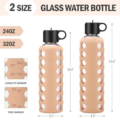 MUKOKO Glass Water Bottles, 24oz Glass Tumbler, Drinking Bottles with 2 Lids-Handle Flip Straw Lid&Bamboo Lid, Motivational Water Bottle with Time Marker and Silicone Sleeve, Leakproof-1 Pack-Amber