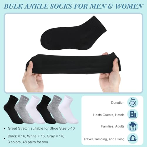 Tarpop 48 Pairs Men Quarter Ankle Socks Moisture Wicking Athletic Crew Casual Sports Socks Bulk for Homeless(Black, White, Gray)