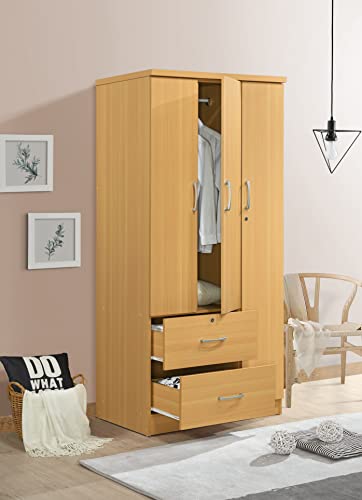 Hodedah 3-Door Armoire with 2-Drawers, 3-Shelves in Beech