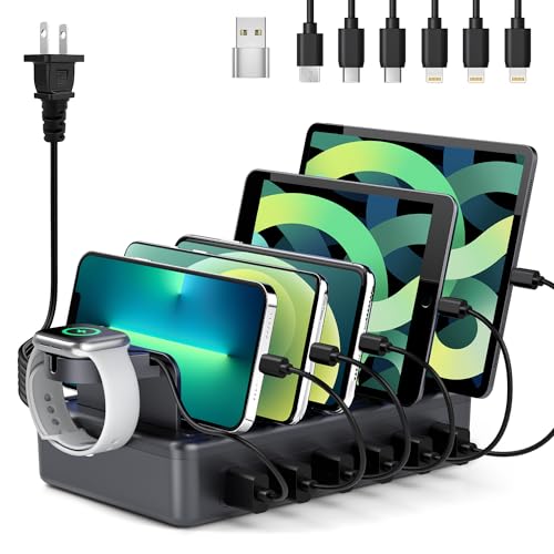 Honcila Charging Station for Multiple Devices, 6 in 1 Charger Station Multiple Charging Station for Cellphone Tablet iPhone iPad and More-50W Charging Dock with Mixed Charging Cables
