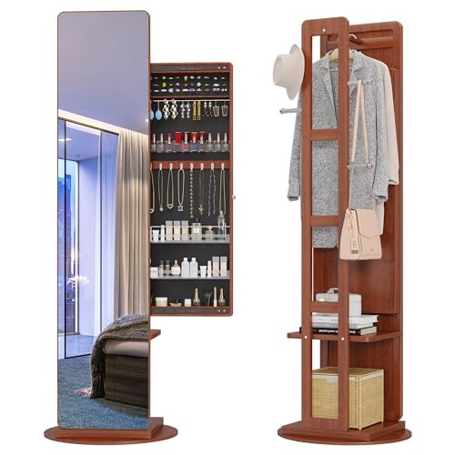 LVSOMT 360° Swivel Jewelry Armoire, Rotatable Full Length Mirror with Jewelry Storage, Standing Jewelry Cabinet with Coat Rack, White, Soild Wood