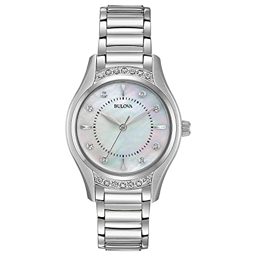 Bulova Ladies' Classic Diamond 3-Hand Quartz Stainless Steel Watch, 16 Diamonds, Mother-of-Pearl Dial, Curved Mineral Crystal, Silver Tone