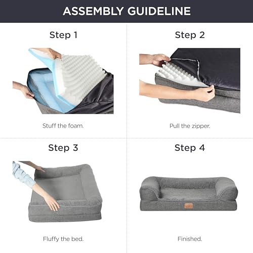 Bedsure Memory Foam Dog Bed for Large Dogs - Orthopedic Egg Foam Dog Sofa Bed with Soft Sherpa Surface, Bolster Pet Couch with Removable Washable Cover, Waterproof Layer and Nonskid Bottom, Dark Grey