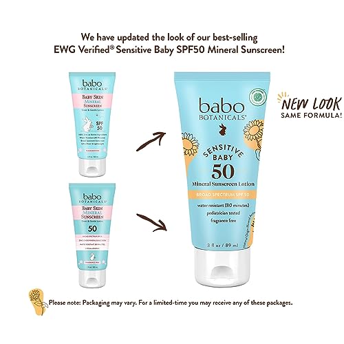 Babo Botanicals Sensitive Baby Mineral Sunscreen Lotion SPF50 - Natural Zinc Oxide - Face & Body - Fragrance-Free - Water-Resistant - EWG Verified - Vegan - Extra Sensitive Skin - For Babies & Kids