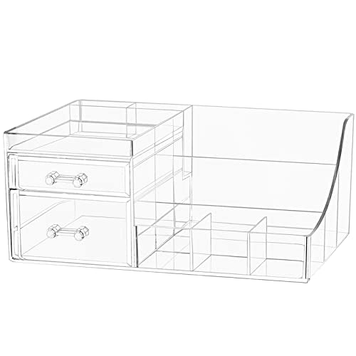 PENGKE Clear Make Up Organizer Countertop,Stackable 2 Drawers Makeup Storage,Cute Vanity Organizers for Dresser Brushes,Nail Polish,Beauty Product Desk and Bathroom Organizers and Storage,1 Pack