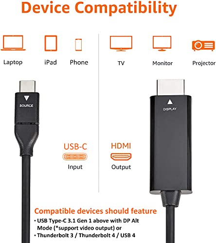 Amazon Basics USB-C (Source) to HDMI (Display) Cable Adapter (Thunderbolt 3 Compatible) 4K@30Hz, 6-Foot, Black