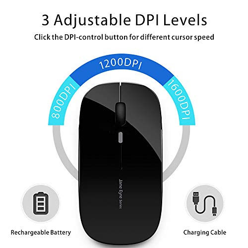 Uciefy Q5 Slim Rechargeable Wireless Mouse, 2.4G Portable Optical Silent Ultra Thin Wireless Computer Mouse with USB Receiver and Type C Adapter, Compatible with PC, Laptop, Notebook, Desktop Black