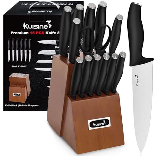 Kuisine Premium Chef Knife Set,High Carbon Stainless Steel Razor-Sharp Blade Ergonomic Handle,Upgraded Knife Block Set with Built-in Sharpener,Elegant Gift for Holiday(Acacia,15PCS)