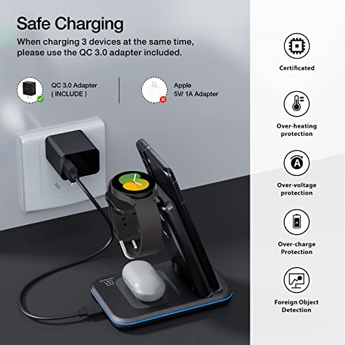 Wireless Charger for Samsung/Android, HOLYJOY Foldable 3 in 1 Fast Charging Station/Stand/Multi Charger for Samsung S24/S23/S22/Note 20, Travel Pad for Galaxy Watch 7/6/5/4/Active 2, for Buds(Black)