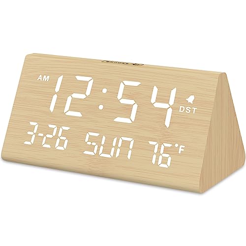 DreamSky Digital Alarm Clocks for Bedrooms - Wooden Desk Clock with Date, Day of Week, USB Port, Temperature, Dimmer for Bedside Table, Living Room, Office, Adjustable Volume, Auto DST, Wood Decor