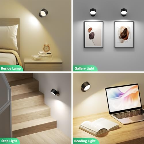 LED Wall Sconces with Remote, Wall Mounted Lights Rechargeable Battery Operated, 3 Color Temperatures & Dimmable Wall Lamp Magnetic 360° Rotation Wireless Light for Bedroom Living Room