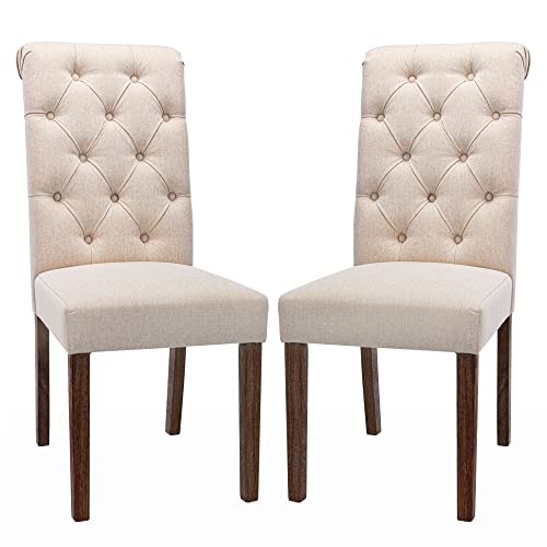 COLAMY Button Tufted Dining Chairs Set of 6, Parsons Upholstered Fabric Dining Room Chairs Kitchen Chairs with Wood Legs and Padded Seat, Light Grey