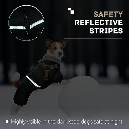 BRKURLEG Black Dog Coat with Harness, Dog Winter Jacket, Dogs Onesie Body Warm Jackets, Small Dogs Winter Coats Reflective Windproof Warm Cold Weather Coats, Pet Waterproof Jacket Hiking S