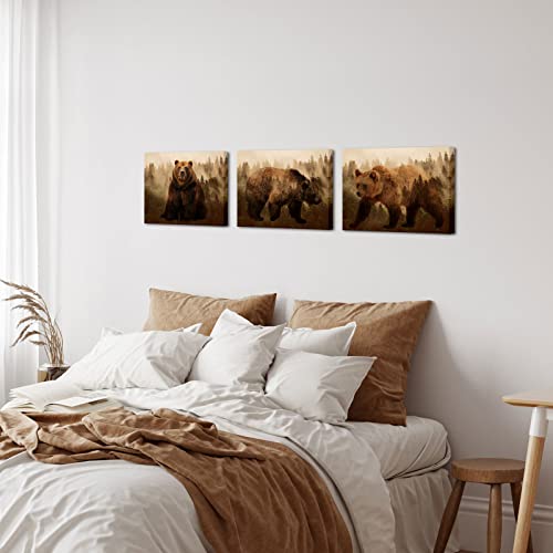 OuElegent Brown Bear Canvas Wall Art Forest Animal Art Print Painting Picture 3 Pieces Stretched and Framed for Living Room Bedroom Bathroom (small)