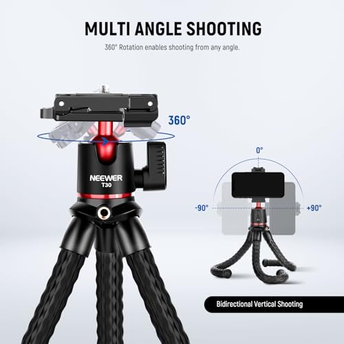 NEEWER Camera Tripod with Remote, Mini Flexible Tripod Stand with Action Camera Mount Adapter for Hero 12 11 10 9, Hidden Phone Holder with Cold Shoe, Vlog Phone Tripod for iPhone, Max Load 4.4lb, T30