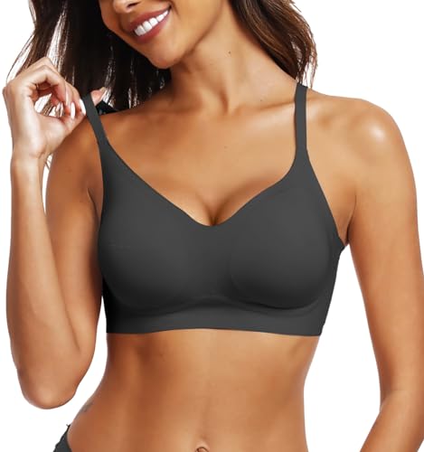 OEAK Womens Push Up Everyday Bras Comfortable Wireless Bralettes V Neck Seamless Bra Smooth Brassiere Wire Free Basic Bras Black M