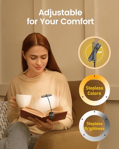 Glocusent Rotatable Book Light for Reading in Bed, 22LEDs Dual-Row Design with Timer, Stepless Dimming & Color Adjustment, 1000mAh Rechargeable Reading Light for up to 100hrs, Gray