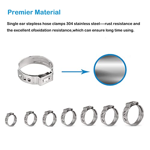 170 Pcs 304 Stainless Steel Single Ear Hose Clamp, 11 Sizes 1/4-1 Inch Constant Crimp Stepless Cinch Rings Crimp Assortment Kit with Ear Clamp Pincer for Water Pipe By PEROMI