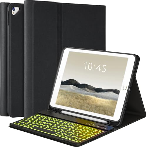 FUWANG Keyboard Case for iPad 9th Generation 10.2 inch 2021 - Detachable 7 Colors Backlit Stand Folio Keyboard Cover for iPad 8th Gen/7th Gen/iPad Pro 10.5"/iPad Air 3rd Gen, with Pencil Holder