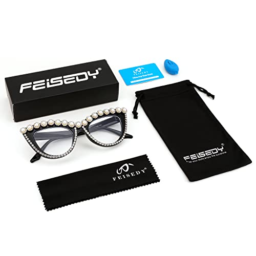 FEISEDY Diamond Glasses Blue Light Blocking Cat Eye Rhinestone Women Oversized Anti Eyestrain Computer Glasses Frame B2358