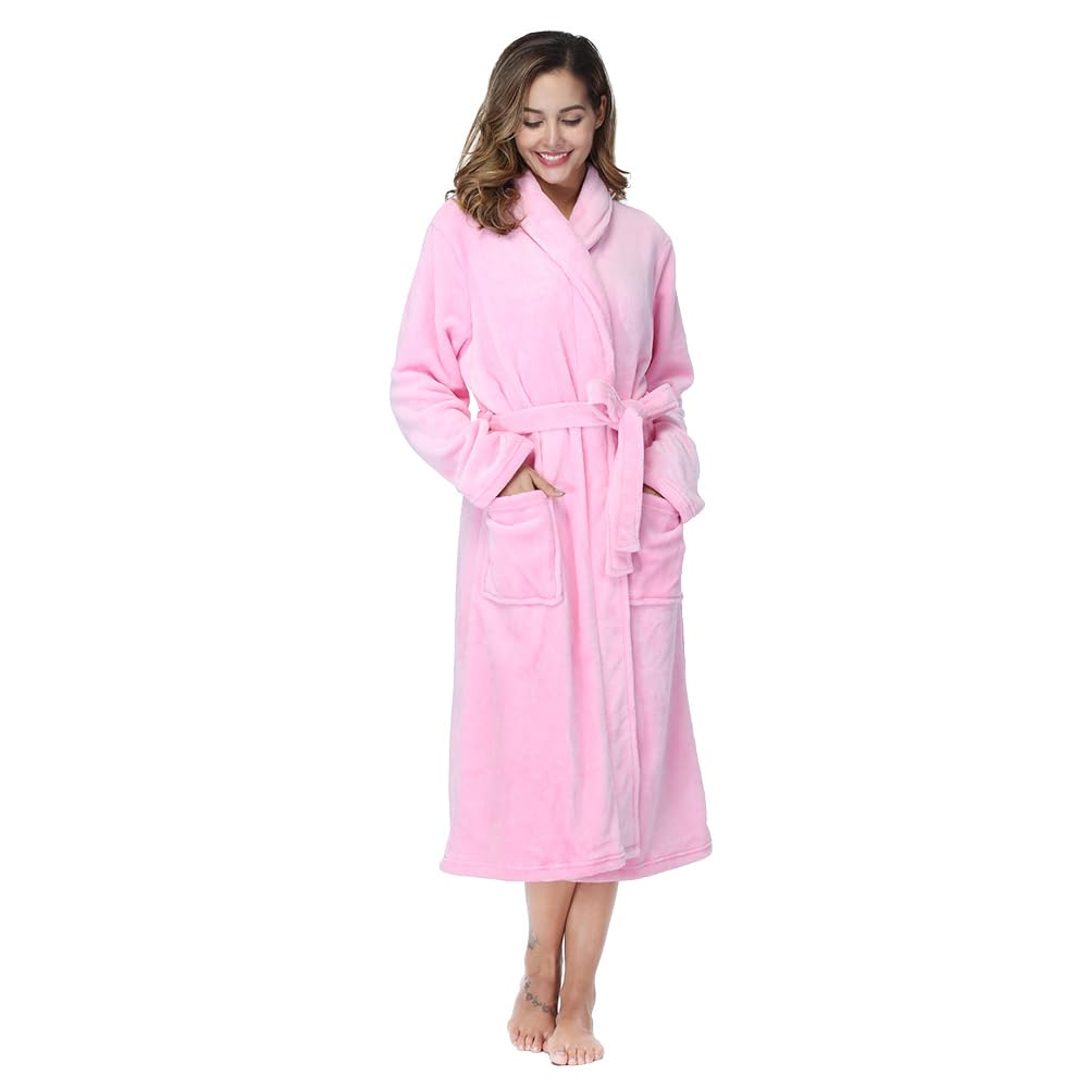 RONGTAI Womens Bathrobe Ladies Fleece Plush Warm Long Robes (X-Large,Pink)