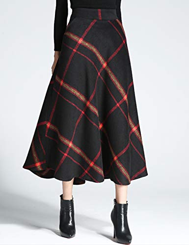 Tanming Women's Winter Warm Elastic Waist Wool Plaid A-Line Pleated Long Skirt (Black2-XS)