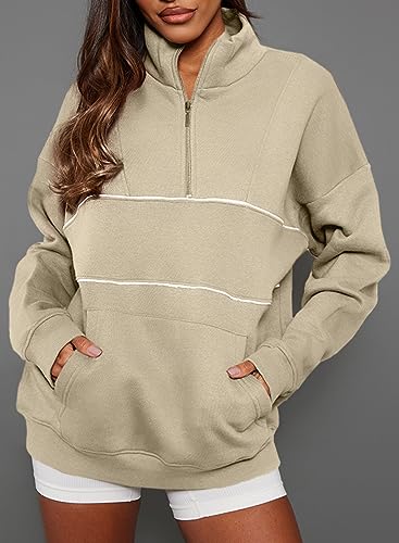 BLENCOT Women's Half Zip Contrast Stitch Sweatshirts Long Sleeve Fleece Striped Drop Shoulder Pullover Workout Tops Apricot M