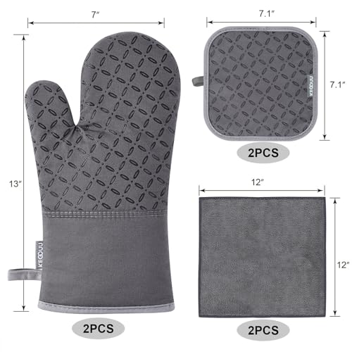 KEGOUU Oven Mitts and Pot Holders 6pcs Set, Kitchen Oven Glove High Heat Resistant 500 Degree Extra Long Oven Mitts and Potholder with Non-Slip Silicone Surface for Cooking (Grey)