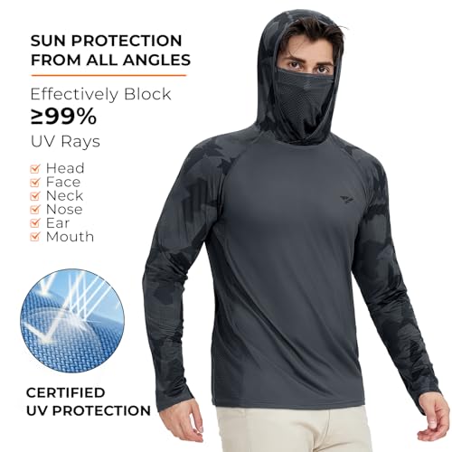 Rodeel UPF 50+ Men’s Long Sleeve Performance Fishing Hiking Shirt with Mask UV Neck Gaiter Hoodie