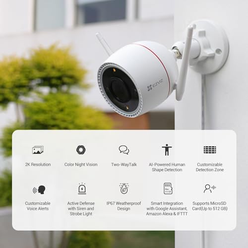 EZVIZ Custom Voice Alerts, 2K Outdoor Cameras for Home Security Outside, WiFi Surveillance Camera, No Subscription with Color Night Vision, IP67 Waterproof, Motion Detection, Two-Way Talk, Alexa