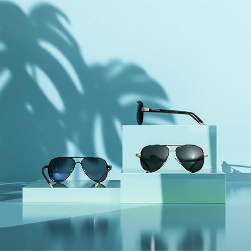 ROCKNIGHT Aviator Sunglasses for Men Polarized UV Protection Metal Frame Flat Top Sunglasses Black Grey Lens Lightweight Outdoors