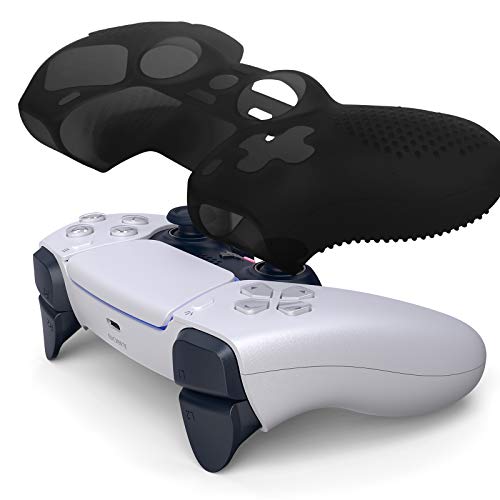 ECHZOVE PlayStation 5 Controller Cover Case, Anti-Slip Silicone Cover Skin Compatible with PS5 Dual Sense Controller with Thumb Grip Caps, Joystick Protectors and Cover Wrap Sticker - Black