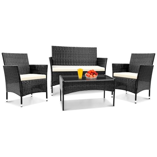 TINKLE WELL Outdoor Patio Furniture, 4 Pieces Rattan Chairs Wicker Conversation Set with Tempered Glass Table, Cushion, for Yard, Garden, Poolside, Porch, Bistro, Balcony, Black and Beige