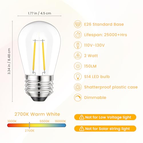 Svater 15 Pack 2W S14 Replacement LED Bulbs for Outdoor String Light, Dimmable Plastic Vintage Edison Bulb Lights, E26 Base,IP65 Waterproof, Warm White 2700K