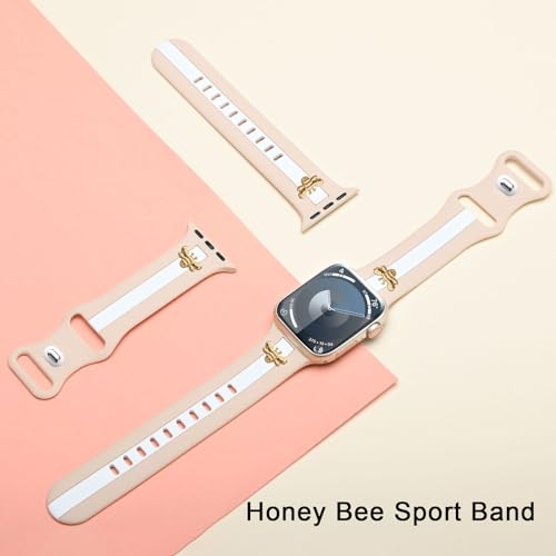 Silicone Strap for Apple Watch Band 44mm 45mm 42mm, Stylish Bracelet with Cute Rose Gold Bee Charms for iWatch Series 10 9 8 7 6 5 4 3 SE, Designer Sport Wristbands for Apple Watch Bands Women Pink